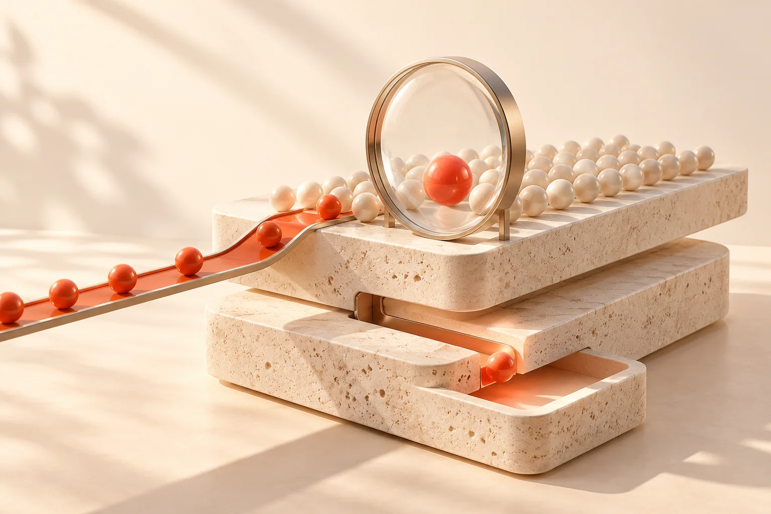 A glass lens singles out a coral sphere among rows of pearls on ivory platforms.