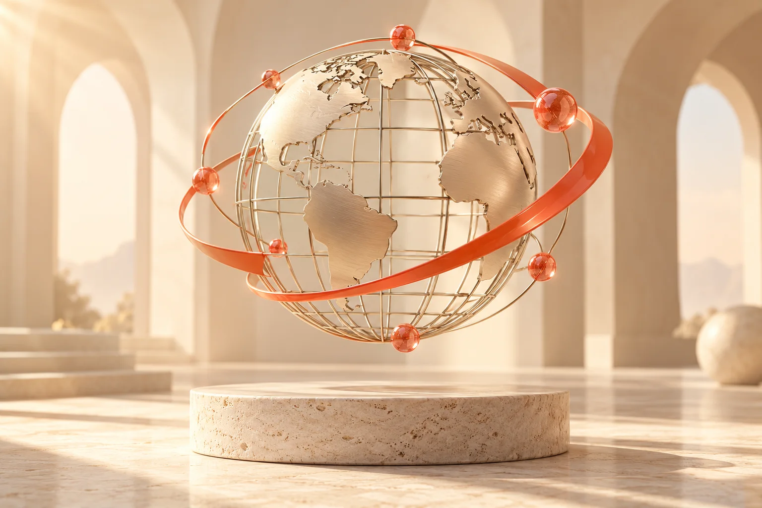 An ivory globe connected by a coral orbital ribbon.