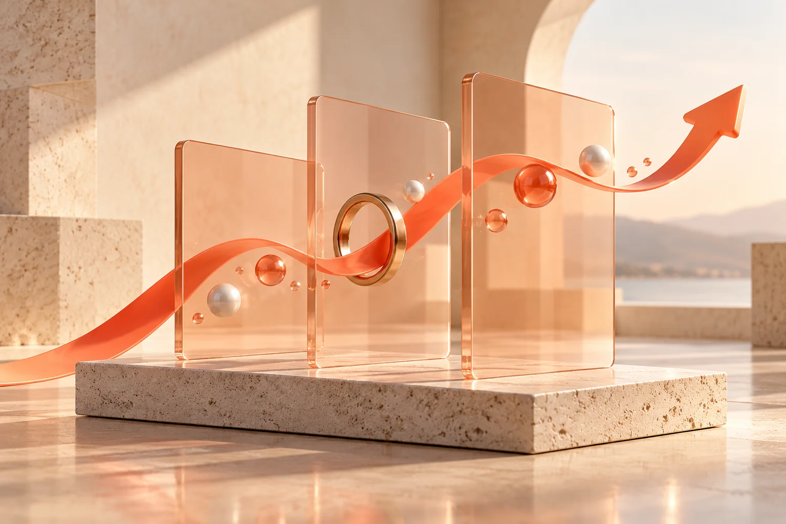 A coral ribbon connects translucent glass layers and rises into an arrow.