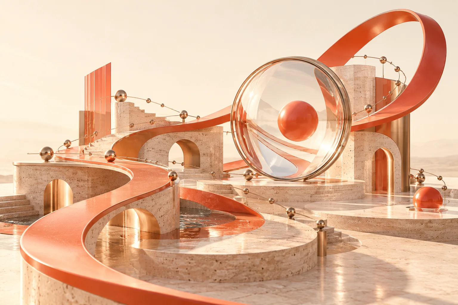 Coral paths connect ivory architecture through a glass lens, a sculpture of discovery and momentum.